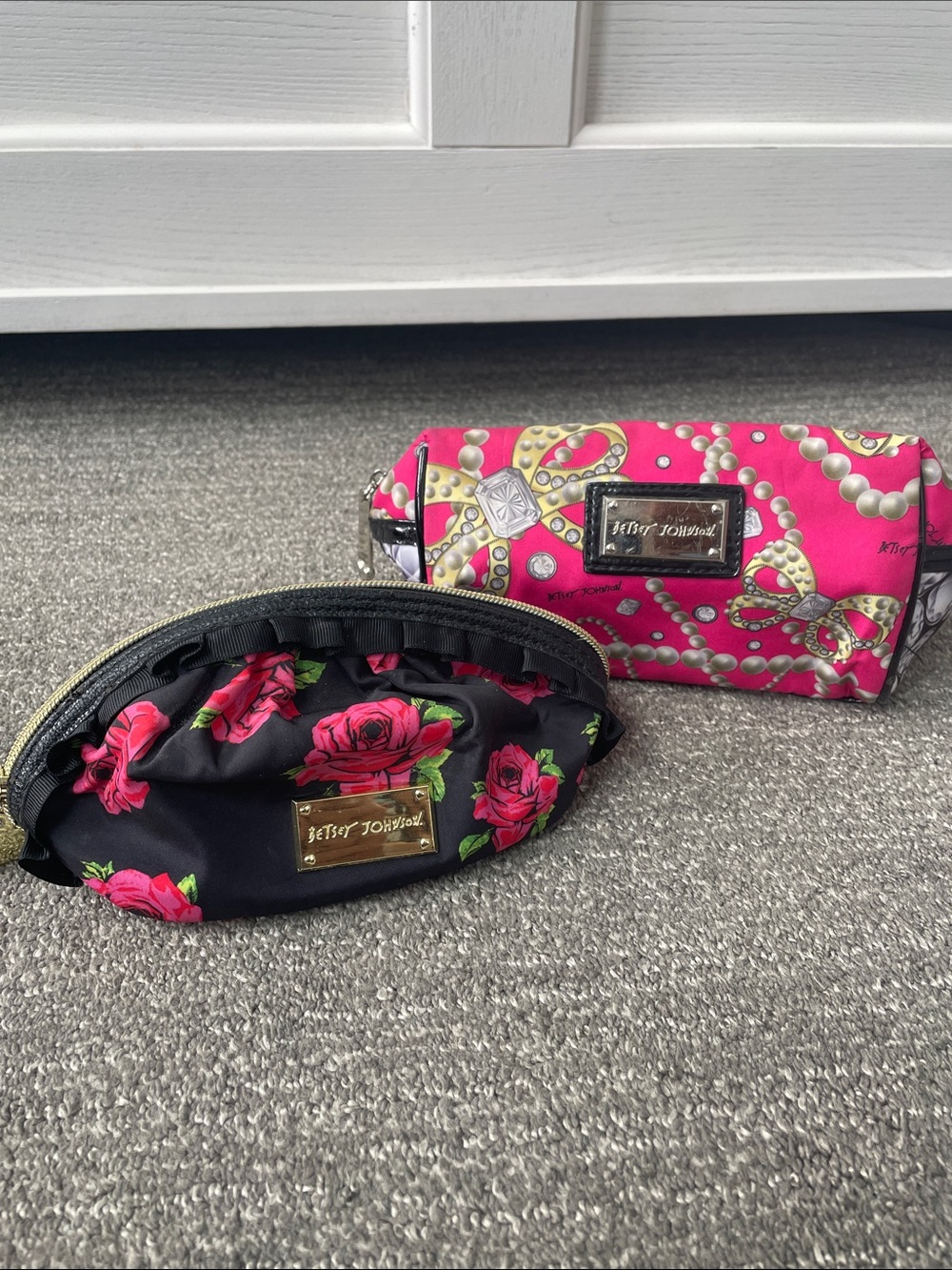 Betsey Johnson Pink and Black Floral & Bow Cosmetic Pouches
